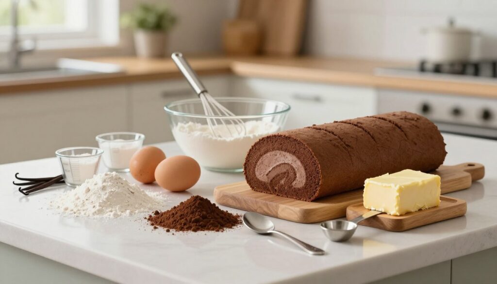 A beautifully arranged kitchen countertop showcasing essential ingredients for making a chocolate roll cake. In the foreground, a wooden board holds flour, sugar, cocoa powder, eggs, and butter, with measuring cups and spoons artistically positioned. In the middle, a mixing bowl sits with a whisk, surrounded by fresh ingredients like vanilla and baking powder. The background features a softly lit kitchen space with light-colored cabinets and a hint of greenery from a potted plant on the windowsill. The atmosphere is warm and inviting, with natural light streaming in, creating a cozy baking ambiance. The focus should be sharp on the ingredients, emphasizing texture and detail, capturing the essence of a delightful baking experience.