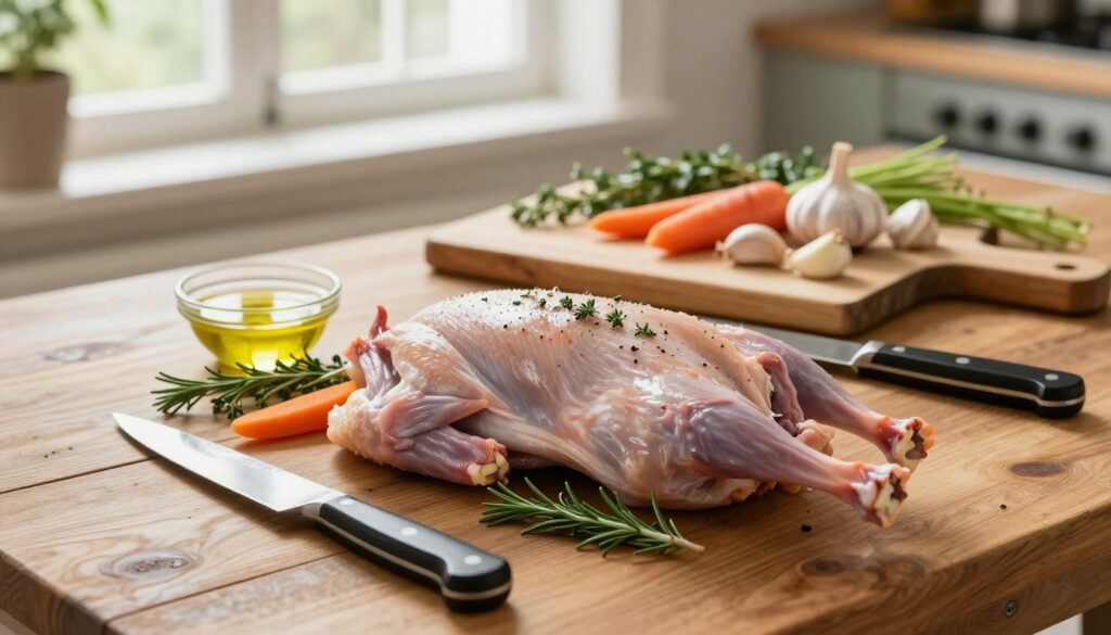 A beautifully arranged kitchen scene featuring a rustic wooden table. In the foreground, a whole rabbit is elegantly presented, lightly seasoned with fresh herbs like rosemary and thyme, garnished with colorful vegetables such as carrots and onions. A sharp chef's knife rests next to the rabbit, ready for preparation. In the middle, a well-used cutting board displays various ingredients for cooking, including garlic cloves and a small bowl of olive oil, emphasizing freshness and quality. In the background, soft natural light filters through a window, casting a warm glow over the scene, creating an inviting and cozy atmosphere. The overall mood is one of culinary artistry, showcasing the process of preparing a succulent and flavorful rabbit dish.