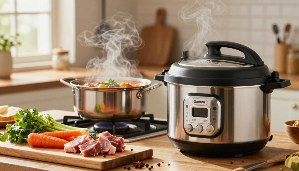 A beautifully arranged kitchen scene showcasing the art of cooking in a pressure cooker. In the foreground, a stainless steel pressure cooker releases gentle steam, highlighting the freshness of ingredients such as vibrant vegetables, tender meats, and aromatic spices laid out on a wooden cutting board. In the middle, a pot on the stove is bubbling with a richly colored stew that emphasizes texture and flavor, perhaps with herbs peeking out. The background features a softly lit kitchen with utensils hanging, a window allowing warm natural light to filter in, creating a cozy atmosphere. The mood is inviting and warm, with an emphasis on culinary creativity and the delicious results of using a pressure cooker effectively. A beautifully arranged kitchen scene showcasing the art of cooking in a pressure cooker. In the foreground, a stainless steel pressure cooker releases gentle steam, highlighting the freshness of ingredients such as vibrant vegetables, tender meats, and aromatic spices laid out on a wooden cutting board. In the middle, a pot on the stove is bubbling with a richly colored stew that emphasizes texture and flavor, perhaps with herbs peeking out. The background features a softly lit kitchen with utensils hanging, a window allowing warm natural light to filter in, creating a cozy atmosphere. The mood is inviting and warm, with an emphasis on culinary creativity and the delicious results of using a pressure cooker effectively.