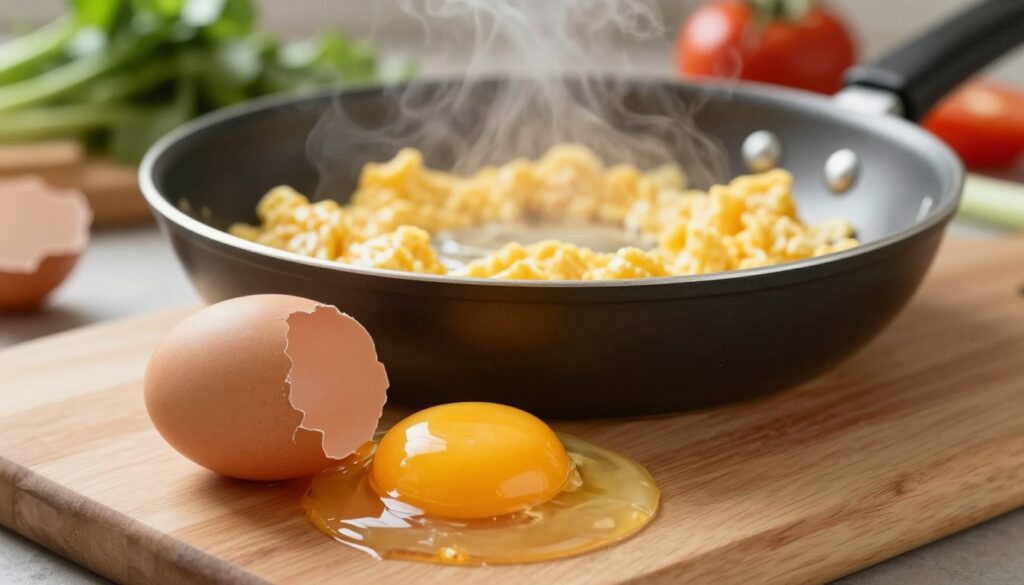 A beautifully arranged kitchen scene showcasing the impact of cooking on nutrient absorption. In the foreground, a freshly cracked raw egg is placed on a wooden cutting board, its golden yolk and clear egg white glistening under natural light. In the middle ground, a frying pan sizzles with a scrambled egg dish, steam rising, emphasizing the transformation of the egg's texture and color. The background features herbs and vibrant vegetables, subtly linking to nutrient-rich ingredients. Soft, diffused lighting casts gentle shadows, creating a warm and inviting atmosphere. The composition should highlight the contrast between raw and cooked elements, visually narrating the concept of nutrient assimilation through heat. Use a shallow depth of field to focus on the eggs while softly blurring the background.