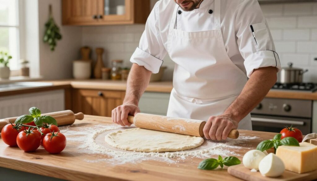 A beautifully arranged kitchen scene showcasing the preparation of pizza dough. In the foreground, a wooden countertop is dusted with flour, and a rolling pin is poised on freshly kneaded, elastic pizza dough. Fresh ingredients like ripe tomatoes, basil leaves, and mozzarella cheese are artfully placed around. In the middle ground, a chef in a white apron is skillfully rolling out the dough with a focused expression, demonstrating a technique for achieving thin, even crust. The background features rustic kitchen decor with warm wooden cabinets and hanging herbs, softly illuminated by natural light streaming through a window. The atmosphere is inviting and cozy, emphasizing the joyful process of pizza making.