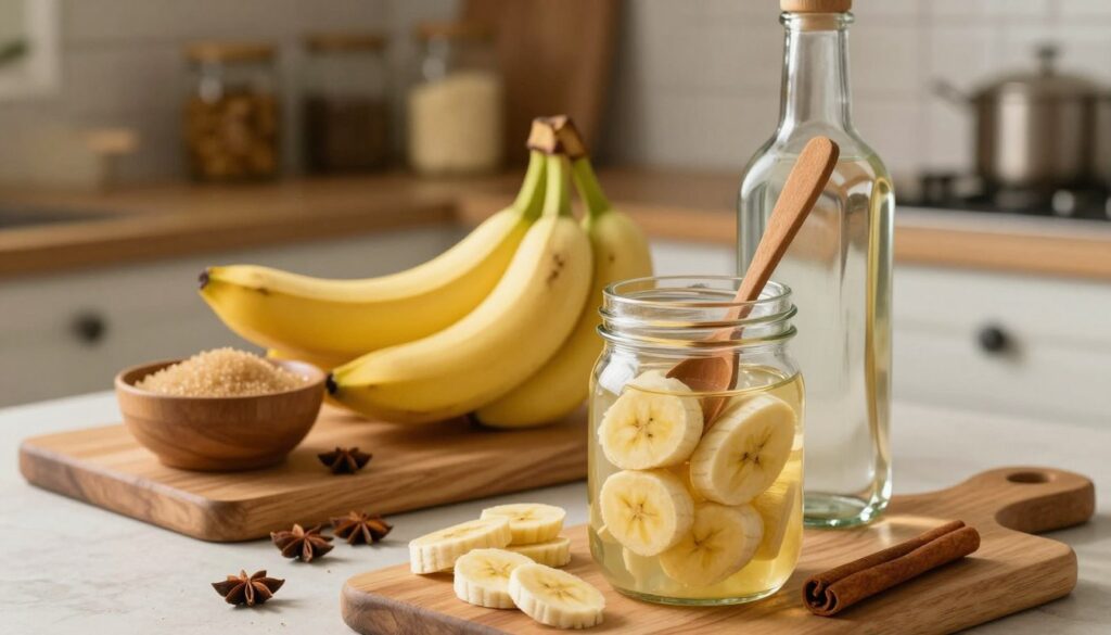 A beautifully arranged kitchen scene showcasing the process of making banana liqueur. In the foreground, a clear glass jar filled with yellow banana slices, accompanied by a bottle of transparent alcohol, cinnamon sticks, and a wooden spoon for mixing. The middle ground features a bowl of ripe bananas, sugar, and spices, artfully displayed on a wooden cutting board. Soft, ambient lighting enhances the warm, inviting atmosphere, creating a cozy homey feel. In the background, shelves filled with various jars and cooking ingredients hint at a farmhouse kitchen setting. The focus is on the natural textures of the ingredients, promoting a sense of simplicity and warmth, perfect for inspiring readers to make their own homemade banana liqueur.