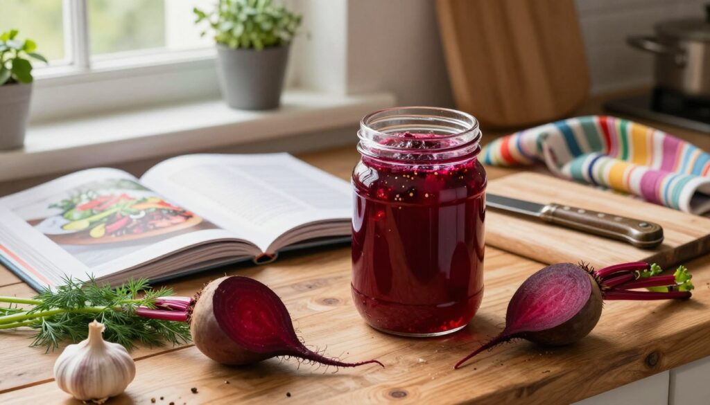 A beautifully arranged kitchen scene showcasing traditional "zakwas buraczany" in a clear glass jar, filled with vibrant red beetroot liquid and bits of spices, resting on a rustic wooden countertop. In the foreground, a fresh, whole beet, along with sprigs of dill and garlic, adds a pop of color. The middle ground features an open cookbook displaying a delicious recipe, with a vintage knife and cutting board nearby, hinting at the preparation process. Soft, natural light pours in from a window, creating a warm and inviting atmosphere. In the background, cozy kitchen elements like herb pots and a colorful towel enhance the homey feel. The scene conveys a sense of culinary creativity and tradition, ideal for daily cooking use and health benefits.