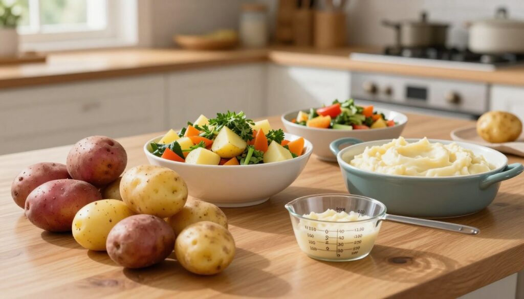 A beautifully arranged kitchen table setting featuring various portions of potatoes, displayed in elegant bowls. In the foreground, a variety of potato types, like Yukon Gold, red potatoes, and fingerlings, are artistically piled next to a measuring cup showing different serving sizes. The middle ground showcases a vibrant salad made of diced potatoes, fresh herbs, and colorful vegetables, alongside a creamy potato puree in a stylish serving dish. The background includes warm, inviting kitchen decor with soft natural light filtering through a window, creating a cozy and inviting atmosphere. The camera angle is slightly elevated, providing an overview of the table, emphasizing the importance of portion sizes in different dishes.
