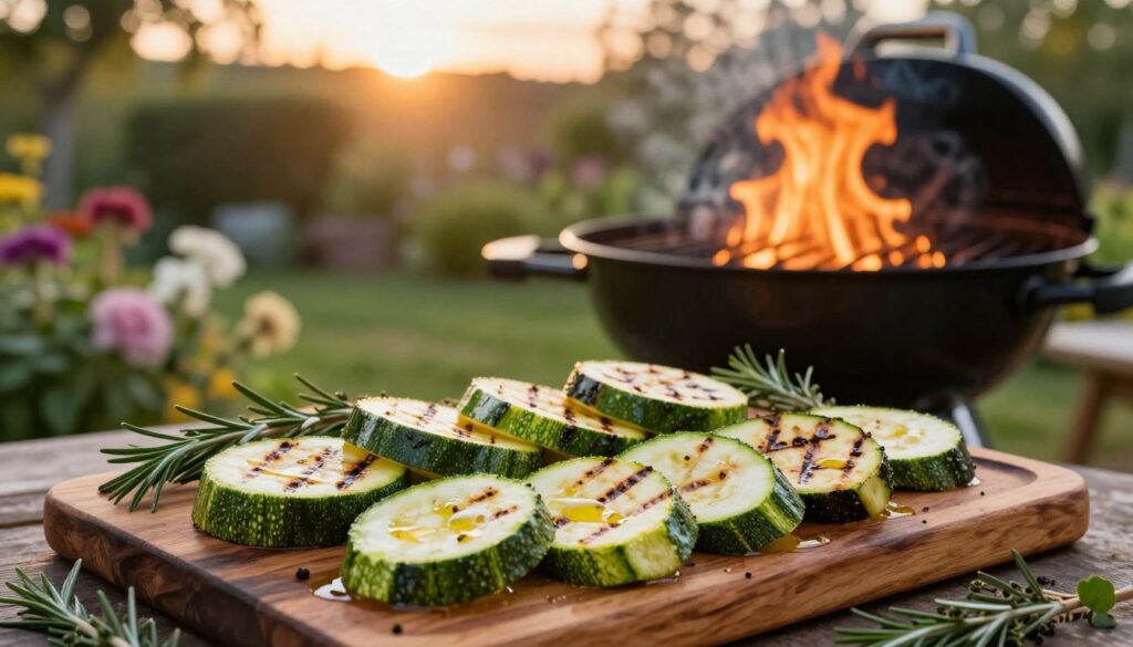 A beautifully arranged outdoor setting showcasing grilled zucchini as a delicious side dish to meats. In the foreground, vibrant slices of zucchini are arranged on a rustic wooden platter, showing grill marks and glistening with olive oil, surrounded by fresh herbs like rosemary and thyme. The middle ground features a well-lit charcoal grill, with flames gently flickering, highlighting the grilling process. In the background, a soft-focus summer garden offers a serene atmosphere, with blooming flowers and green foliage, under warm, golden sunset lighting. The scene conveys a warm, inviting mood, perfect for a summer barbecue, with rich colors and enticing textures emphasized through a shallow depth of field. A beautifully arranged outdoor setting showcasing grilled zucchini as a delicious side dish to meats. In the foreground, vibrant slices of zucchini are arranged on a rustic wooden platter, showing grill marks and glistening with olive oil, surrounded by fresh herbs like rosemary and thyme. The middle ground features a well-lit charcoal grill, with flames gently flickering, highlighting the grilling process. In the background, a soft-focus summer garden offers a serene atmosphere, with blooming flowers and green foliage, under warm, golden sunset lighting. The scene conveys a warm, inviting mood, perfect for a summer barbecue, with rich colors and enticing textures emphasized through a shallow depth of field.