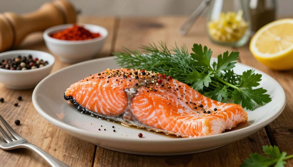 A beautifully arranged plate featuring a perfectly cooked salmon fillet seasoned with a blend of various spices. In the foreground, the salmon glistens under soft, warm lighting, highlighting its flaky texture and rich reddish-orange color. Surrounding the fish, vibrant herbs such as dill and parsley add freshness, along with small bowls holding spices like paprika, black pepper, and lemon zest, creating a visually appealing composition. In the middle ground, a rustic wooden table enhances the natural aesthetic, with subtle reflections from an overhead light. In the background, softly blurred kitchen utensils hint at a cozy cooking atmosphere, inviting viewers to imagine the delicious aroma. The overall mood is warm and inviting, encouraging a sense of culinary creativity.