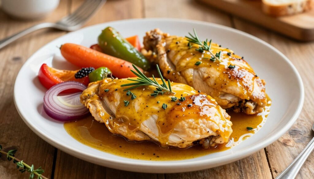 A beautifully arranged plate featuring succulent chicken breasts marinated in a honey-mustard sauce, glistening with a rich golden-brown color. The chicken is garnished with fresh herbs, such as rosemary and thyme, providing vibrant green accents. Surrounding the chicken are roasted vegetables, including carrots, bell peppers, and red onions, adding warmth and a splash of color. The scene is set on a rustic wooden table, with soft, natural lighting illuminating the food, creating an inviting and appetizing atmosphere. A blurred background hints at a cozy kitchen setting, enhancing the feeling of a home-cooked meal. Focus on the details of the marinade's texture and the vibrant colors of the dish, evoking a sense of warmth and comfort.