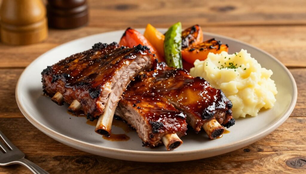A beautifully arranged plate featuring succulent, roasted pork ribs, glistening with a rich, dark glaze. The ribs are perfectly cooked, with a tender meat that clearly pulls away from the bone, enticingly showcasing a deep, smoky flavor. Surround the ribs with vibrant sides like roasted vegetables and creamy mashed potatoes, adding splashes of color. In the background, a rustic wooden table sets a warm, cozy atmosphere. Golden, soft lighting creates an inviting glow, enhancing the textures of the meat and sides. Capture the scene from a slightly overhead angle, drawing the viewer into the mouthwatering display, evoking a sense of comfort and homely cooking. A beautifully arranged plate featuring succulent, roasted pork ribs, glistening with a rich, dark glaze. The ribs are perfectly cooked, with a tender meat that clearly pulls away from the bone, enticingly showcasing a deep, smoky flavor. Surround the ribs with vibrant sides like roasted vegetables and creamy mashed potatoes, adding splashes of color. In the background, a rustic wooden table sets a warm, cozy atmosphere. Golden, soft lighting creates an inviting glow, enhancing the textures of the meat and sides. Capture the scene from a slightly overhead angle, drawing the viewer into the mouthwatering display, evoking a sense of comfort and homely cooking.
