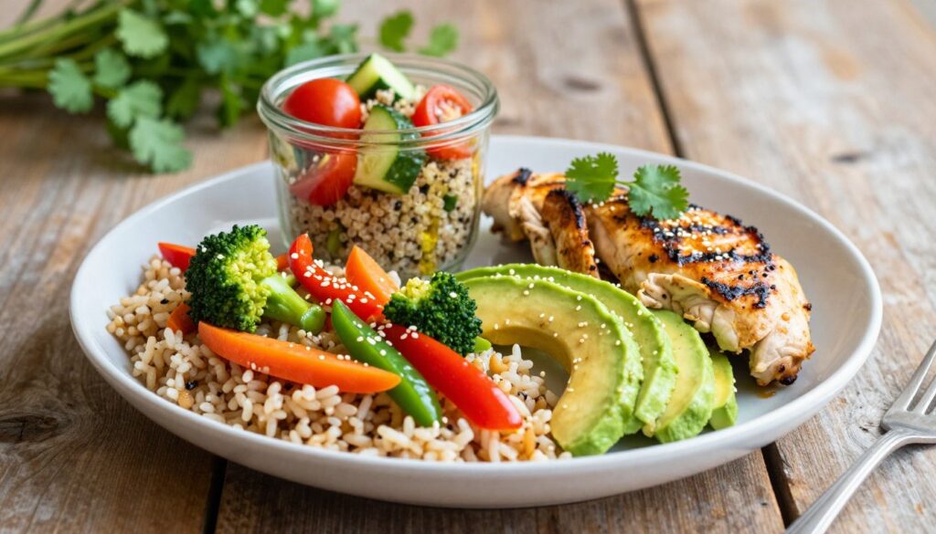 A beautifully arranged plate of healthy rice-based dishes, showcasing vibrant colors and fresh ingredients. In the foreground, a bowl of brown rice topped with colorful, sautéed vegetables like bell peppers, broccoli, and carrots, sprinkled with sesame seeds. Next to it, a portion of creamy avocado and a side of grilled chicken, all garnished with fresh cilantro. In the middle ground, a small glass jar filled with quinoa salad featuring cherry tomatoes, cucumbers, and a drizzle of olive oil. The background softly features a rustic wooden table and a set of greenery plants, creating a warm, inviting atmosphere with natural lighting. The image conveys a sense of health, freshness, and a variety of options for nutritious meals.