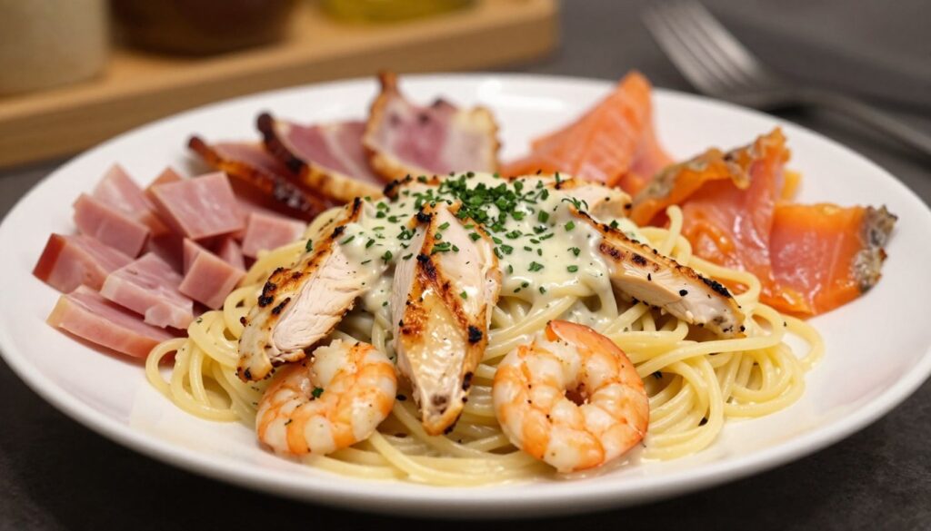A beautifully arranged plate of pasta topped with various meat and fish garnishes. In the foreground, focus on a creamy garlic and herb sauce enveloping the spaghetti, dotted with perfectly grilled chicken slices and tender shrimp. In the middle ground, include an assortment of fresh ingredients, like diced ham, crispy bacon, and flaky pieces of smoked salmon, artfully spread around the plate. The background should contain a softly blurred kitchen setting with warm, ambient light highlighting the dish, creating an inviting atmosphere. The scene is shot from a slightly elevated angle, capturing the vibrant colors of the ingredients and the inviting texture of the pasta, evoking a feeling of comfort and quick satisfaction.