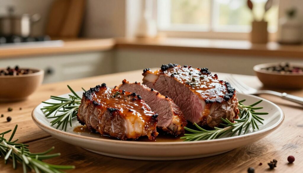 A beautifully arranged plate of roasted venison, glistening with a rich, aromatic glaze, is the focal point in the foreground. The succulent meat is tender and expertly cooked, with slight char marks highlighting its texture. Surrounding the venison are fresh herbs—rosemary and thyme—adding vibrant green accents. In the middle ground, a rustic wooden table serves as the backdrop, adorned with scattered spices and a warm, inviting ambiance. Soft natural lighting filters from a window, casting a golden hue across the scene. In the blurred background, a hint of a cozy kitchen appears, with spices and cooking utensils subtly integrated into the composition. The overall mood is warm and inviting, showcasing the quality and appeal of the meat, while emphasizing safety and care in food preparation.