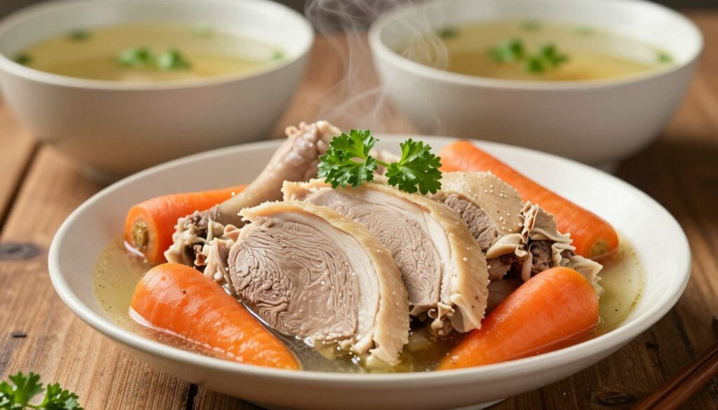 A beautifully arranged plate of tender boiled meat from a traditional chicken broth, featuring slices of juicy chicken, vibrant carrots, and delicate parsley garnish, set against a rustic wooden table. In the foreground, focus on the rich textures of the meat, with a steaming bowl of broth in the background, infused with herbs. Soft, warm lighting highlights the succulent details and creates a cozy, inviting atmosphere. Use a shallow depth of field to blur the background slightly, emphasizing the savory ingredients in the foreground. The image should convey the warmth and comfort of home-cooked meals, ideal for illustrating the concept of repurposing broth meat in classic dishes.