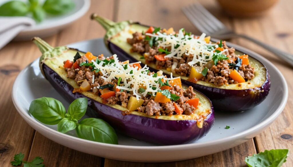 A beautifully arranged platter of stuffed eggplant, showcasing a vibrant purple eggplant split in half, expertly filled with a mixture of ground meat, finely chopped vegetables, and herbs. The stuffing is topped with a sprinkle of grated cheese, lightly golden and bubbling from baking. The foreground features fresh herbs like parsley and basil for garnish, adding a splash of green. In the background, a rustic wooden table enhances the warm, inviting atmosphere, illuminated by soft, natural lighting that highlights the textures of the dish. The angle captures the dish at a slight tilt, emphasizing the colorful details of the filling and the glossy skin of the eggplant, evoking a sense of homely comfort and delicious anticipation.