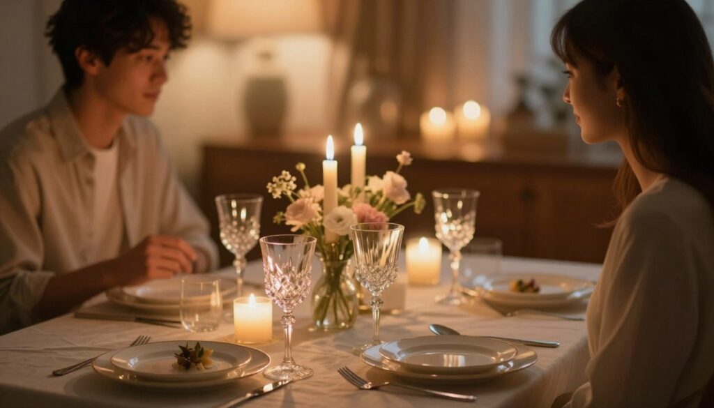 A beautifully arranged romantic dinner setting at home, featuring a candlelit table for two. In the foreground, a elegantly set dining table adorned with fine china, sparkling crystal glasses, and delicate fresh flowers serves as the focal point. The middle ground shows flickering candles casting a warm, inviting glow, softening the atmosphere. In the background, the cozy ambiance is enhanced by soft, ambient lighting, with warm wood accents and gently draped fabrics that create an intimate feel. The scene is captured with a shallow depth of field for a dreamy effect, focusing on the details of the tableware while the background blurs. Overall, the image exudes a sense of warmth, romance, and elegance, perfect for a memorable dinner atmosphere.