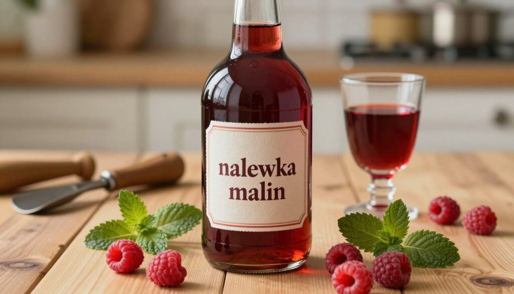 A beautifully arranged scene focusing on a glass bottle of homemade "nalewka malin" showcasing a rich, deep red color. In the foreground, place the bottle with a textured label, capturing the essence of artisanal craftsmanship. Surround the bottle with fresh, plump raspberries and sprigs of mint, highlighting the vibrant fruitiness. In the middle background, hint at a wooden table with rustic tools for berry picking and a glass of the liqueur poured halfway, glistening in the soft golden light. The background fades into a blurred kitchen setting, creating a warm and inviting atmosphere. Use natural lighting to emphasize the glossiness of the liquid and the freshness of the berries, creating a mood of tradition and craftsmanship that complements the art of making fruit liqueurs.