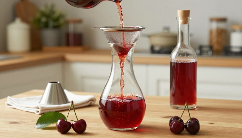A beautifully arranged scene of cherry liqueur filtration in a cozy kitchen setting. In the foreground, a glass carafe is filled with deep red, glossy cherry liqueur, showcasing its vibrant color as it is poured through a fine mesh filter into a crystal-clear glass bottle. Surrounding the carafe, fresh cherries and green leaves add a touch of natural elegance. In the middle ground, a wooden table with simple tools like a funnel, gauze, and an elegant bottle ready for filling. The background features softly blurred shelves with rustic jars and herbal plants, illuminated by warm, gentle lighting that evokes a homely atmosphere. Use a shallow depth of field to emphasize the foreground objects while maintaining a slightly blurred background for a serene and inviting mood.