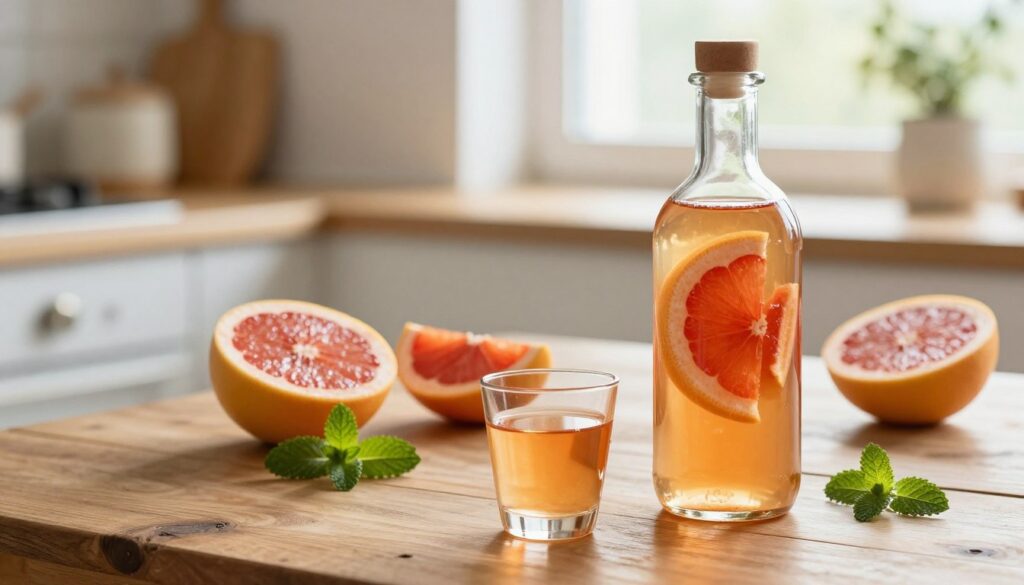 A beautifully arranged scene of homemade grapefruit liqueur, or "nalewka grejpfrutowa," set on a rustic wooden table. In the foreground, a glass bottle filled with amber liquid, showcasing hints of grapefruit slices suspended within. Nearby, a small glass tumbler filled with the liqueur, reflecting soft light. In the middle ground, fresh grapefruit halves and a few sprigs of mint add vibrant color and freshness. The background features a blurred kitchen setting with soft, natural light streaming through a window, creating a warm and inviting atmosphere. A delicate, elegant mood is evoked, ideal for illustrating the refinement of this citrus-infused drink.
