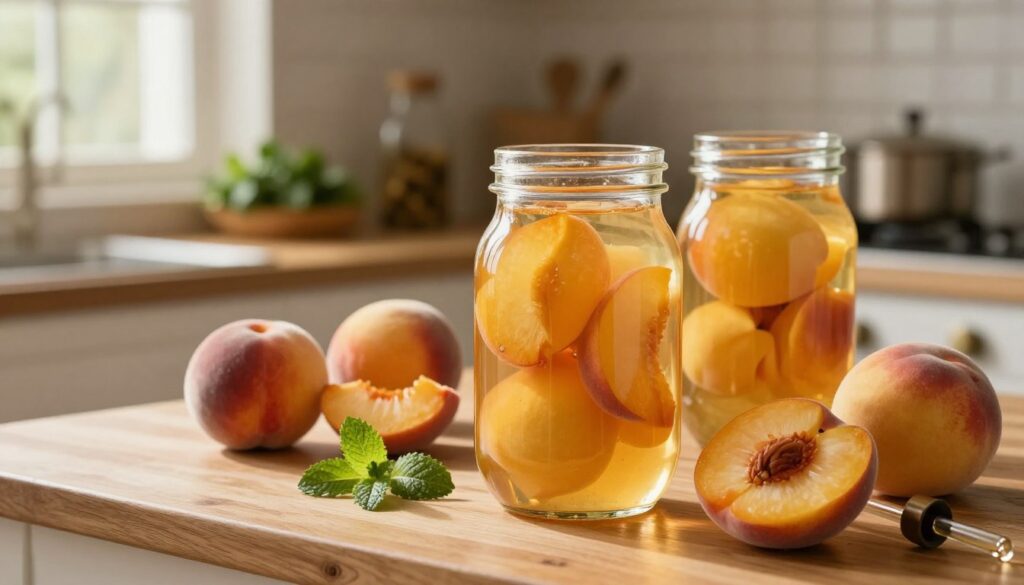 A beautifully arranged scene of peach maceration in an elegant kitchen. In the foreground, glass jars filled with vibrant yellow-orange peach slices soaking in clear alcohol, showcasing a rich texture and color of the fruit. In the middle, a wooden countertop scattered with fresh peaches, sprigs of mint, and a delicate glass dropper. The background features softly blurred shelves stocked with herbs and spices, creating a warm, inviting atmosphere. Soft golden light filters through a window, casting gentle shadows and highlighting the natural colors. The mood is serene and artisanal, emphasizing the craftsmanship of creating this exquisite drink.
