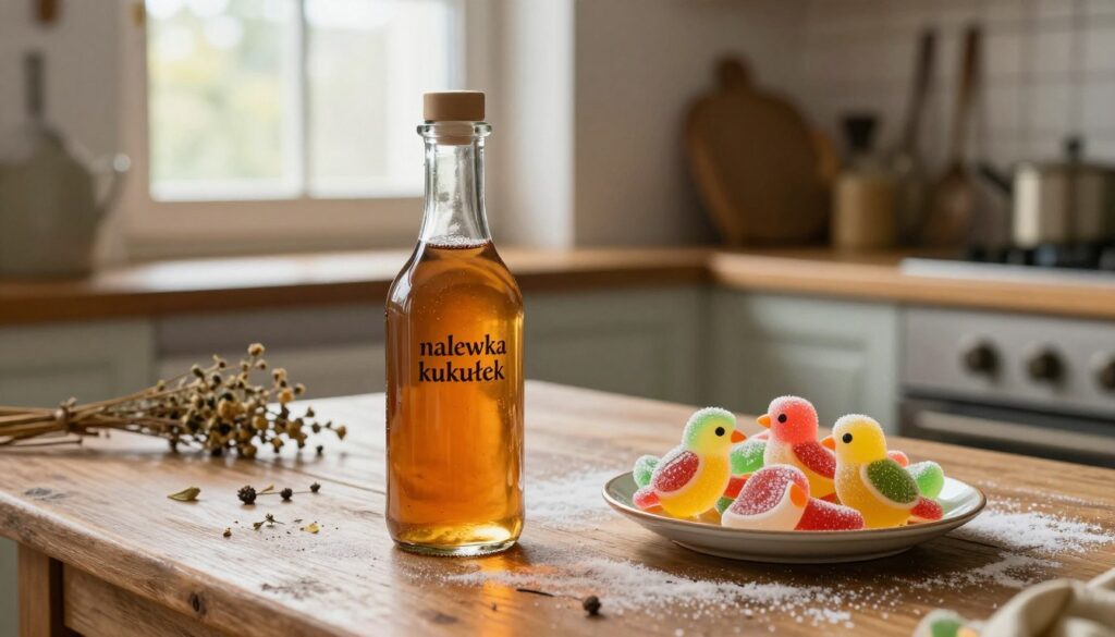 A beautifully arranged scene showcasing "nalewka kukułek" in a rustic kitchen setting. In the foreground, a clear glass bottle filled with the vibrant amber liquid is artfully placed alongside a small plate of colorful candy shaped like cuckoo birds, reflecting the iconic candy's sweetness. The middle ground features a wooden table dusted with fine sugar and scattered dried herbs, hinting at the homemade process. In the background, soft natural light pours through a window, illuminating the scene and creating a warm, inviting atmosphere. The kitchen elements, like hanging dried flowers and vintage utensils, add charm and authenticity. The overall mood is nostalgic and cozy, evoking the delightful experience of savoring homemade sweetness. A beautifully arranged scene showcasing "nalewka kukułek" in a rustic kitchen setting. In the foreground, a clear glass bottle filled with the vibrant amber liquid is artfully placed alongside a small plate of colorful candy shaped like cuckoo birds, reflecting the iconic candy's sweetness. The middle ground features a wooden table dusted with fine sugar and scattered dried herbs, hinting at the homemade process. In the background, soft natural light pours through a window, illuminating the scene and creating a warm, inviting atmosphere. The kitchen elements, like hanging dried flowers and vintage utensils, add charm and authenticity. The overall mood is nostalgic and cozy, evoking the delightful experience of savoring homemade sweetness.