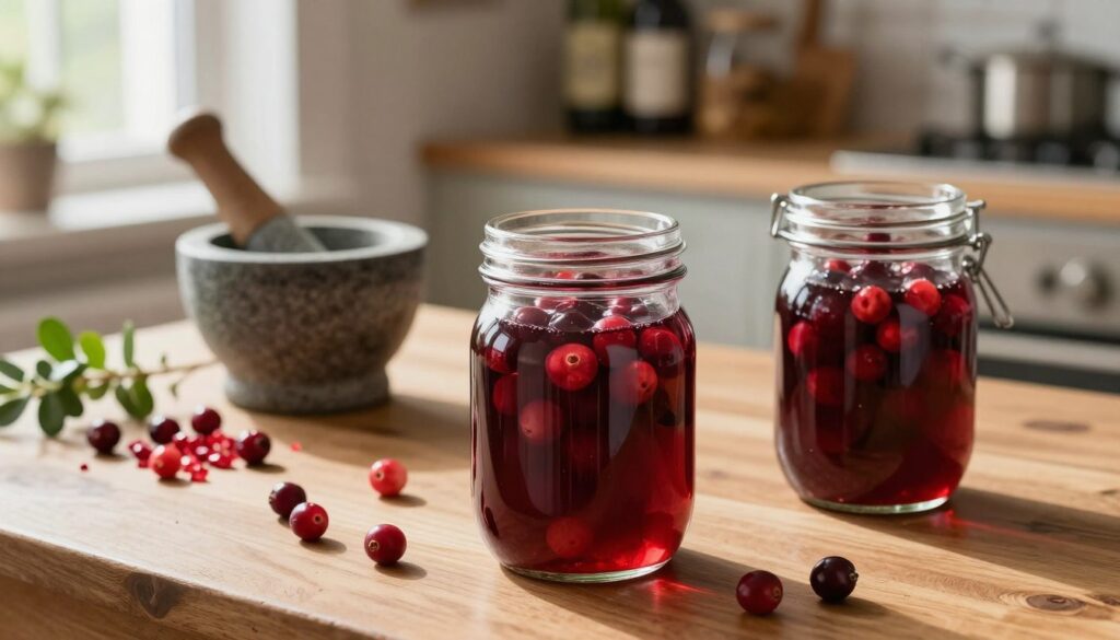 A beautifully arranged scene showcasing the cranberry maceration process for liqueur. In the foreground, glass jars filled with vibrant, fresh cranberries bathed in a rich, dark liquid, subtly reflecting light. The middle ground features a wooden table adorned with a mortar and pestle, crushed cranberries scattered around, and herbs adding a touch of greenery. Soft, natural light streams in from a nearby window, creating a warm, inviting atmosphere. In the background, blurred shelves lined with bottles and jars suggest a cozy kitchen environment. The composition emphasizes the textures and colors, with an intimate focus on the details of flavor extraction, evoking a sense of culinary artistry and the allure of aromatic concoction.