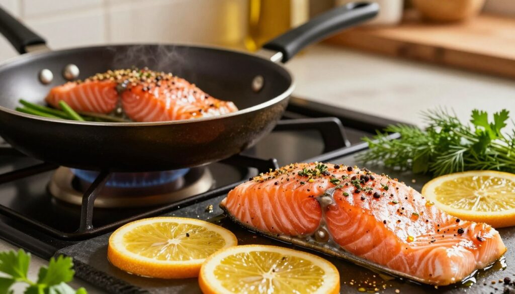 A beautifully arranged scene showcasing various techniques for seasoning salmon fillets during frying and grilling. In the foreground, a vibrant salmon fillet is seasoned with a mix of herbs, spices, and citrus slices, glistening with olive oil. In the middle ground, a frying pan on a stovetop and a grill with sizzling salmon, surrounded by fresh herbs like dill and parsley. The background features a warm kitchen ambiance with soft, inviting lighting, enhancing the aromatic feel of the scene. Capture the action from a slightly elevated angle, focusing on the textures of the salmon and seasoning. The mood is flavorful, warm, and inviting, emphasizing the culinary art of preparing delicious salmon dishes.