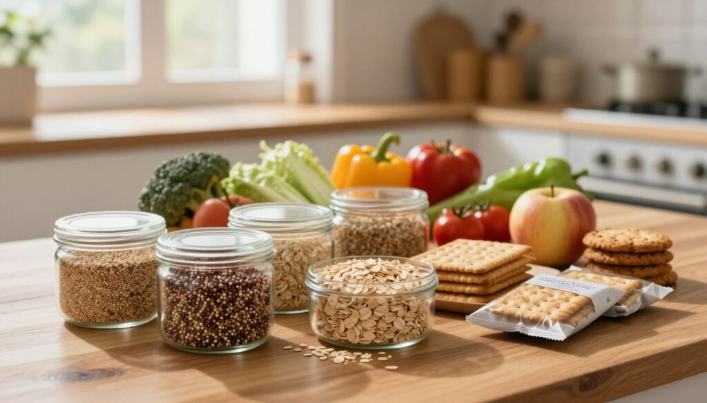 A beautifully arranged selection of gluten-free products on a wooden kitchen table. In the foreground, a variety of gluten-free grains like quinoa, rice, and certified gluten-free oats, along with packaged snacks like gluten-free crackers and cookies. The middle ground features vibrant vegetables and fruits, emphasizing a healthy lifestyle. In the background, soft natural light streams in through a window, casting a warm glow and creating a cozy atmosphere. The entire scene is captured with a shallow depth of field, placing focus on the gluten-free items while softly blurring the background. The mood is inviting and reassuring, ideal for promoting safe gluten-free shopping. A beautifully arranged selection of gluten-free products on a wooden kitchen table. In the foreground, a variety of gluten-free grains like quinoa, rice, and certified gluten-free oats, along with packaged snacks like gluten-free crackers and cookies. The middle ground features vibrant vegetables and fruits, emphasizing a healthy lifestyle. In the background, soft natural light streams in through a window, casting a warm glow and creating a cozy atmosphere. The entire scene is captured with a shallow depth of field, placing focus on the gluten-free items while softly blurring the background. The mood is inviting and reassuring, ideal for promoting safe gluten-free shopping.