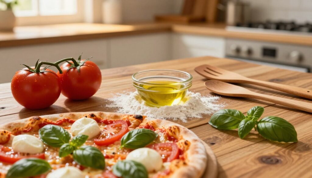 A beautifully arranged selection of pizza ingredients on a rustic wooden table, featuring vibrant red tomatoes, fresh green basil leaves, and creamy mozzarella cheese in the foreground. In the middle, add a sprinkle of flour and a small bowl of olive oil, while natural wooden utensils are artistically placed nearby. The background showcases a warm, inviting kitchen setting with soft golden lighting filtering through a window, casting gentle shadows. The angle is slightly above eye level, emphasizing the colorful ingredients and the overall composition. The atmosphere is cozy and cheerful, evoking the excitement of preparing a delicious homemade pizza.