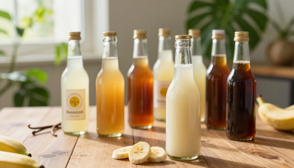 A beautifully arranged still life featuring various flavor variations for homemade banana liqueur. In the foreground, a glass bottle of creamy banana liqueur, sparkling in soft natural light, with a few delicate banana slices beside it. In the middle ground, an assortment of colorful bottles filled with flavor infusions, such as vanilla, caramel, coconut, and coffee, elegantly arranged on a wooden table. The background features lush green plants and soft, warm sunlight filtering through a window, creating a cozy atmosphere. The composition emphasizes freshness and creativity in flavor with a warm, inviting color palette. Capture the scene from a slightly elevated angle, ensuring the focus is on the textures and colors, evoking a sense of inspiration and culinary adventure.