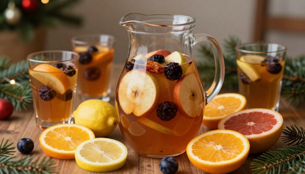 A beautifully arranged table featuring a glass pitcher of traditional kompot suszu filled with dried fruits, such as apples, pears, and plums, illuminated by soft, warm lighting. In the foreground, vibrant citrus slices—lemons, oranges, and grapefruits—are artfully placed around the pitcher, their zesty colors contrasting with the dark fruits. The middle ground showcases a few decorative glasses filled with the kompot, reflecting the rich hues of the drink. The background includes subtle holiday decorations, like evergreen branches, adding a festive atmosphere. The scene conveys warmth and nostalgia, inviting viewers to embrace the taste of traditional flavors, with a focus on how citrus enhances the aroma and overall experience. Use a shallow depth of field to emphasize the kompot and citrus, creating an inviting and appetizing vibe.