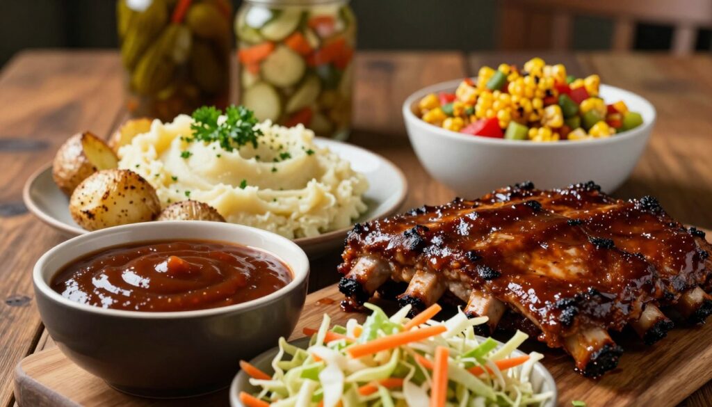 A beautifully arranged table featuring various side dishes that complement succulent ribs. In the foreground, a richly colored bowl of tangy barbecue sauce glistens under warm, soft lighting, alongside a vibrant coleslaw with crisp green cabbage and shredded carrots. The middle layer includes a platter of roasted garlic mashed potatoes, topped with a sprinkle of fresh parsley, and a bowl of grilled corn salsa bursting with colors. In the background, a rustic wooden table and softly blurred jars of pickled vegetables create an inviting atmosphere, rich with texture. The overall scene conveys a warm, appetizing mood, suitable for a cozy family meal. The image should have a natural lens effect, with a slight vignette that draws focus to the delicious add-ons. A beautifully arranged table featuring various side dishes that complement succulent ribs. In the foreground, a richly colored bowl of tangy barbecue sauce glistens under warm, soft lighting, alongside a vibrant coleslaw with crisp green cabbage and shredded carrots. The middle layer includes a platter of roasted garlic mashed potatoes, topped with a sprinkle of fresh parsley, and a bowl of grilled corn salsa bursting with colors. In the background, a rustic wooden table and softly blurred jars of pickled vegetables create an inviting atmosphere, rich with texture. The overall scene conveys a warm, appetizing mood, suitable for a cozy family meal. The image should have a natural lens effect, with a slight vignette that draws focus to the delicious add-ons.