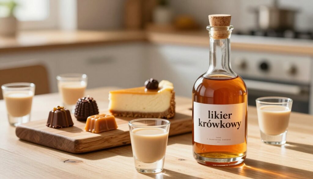 A beautifully arranged table set for a tasting of "likier krówkowy." In the foreground, a delicate glass bottle filled with a rich, caramel-colored liqueur, topped with a cork stopper, reflects soft golden sunlight. Surrounding the bottle, small tasting glasses are elegantly filled with the creamy liquid, highlighting its smooth texture. In the middle, an assortment of desserts inspired by the liqueur—caramel candies, chocolate truffles, and a slice of creamy cheesecake—are artfully displayed on a rustic wooden board. The background features a blurred, warm-toned kitchen setting, with natural light streaming in, creating an inviting and cozy atmosphere. The overall mood is indulgent and celebratory, perfect for special occasions, emphasizing the sweet essence of the liqueur.