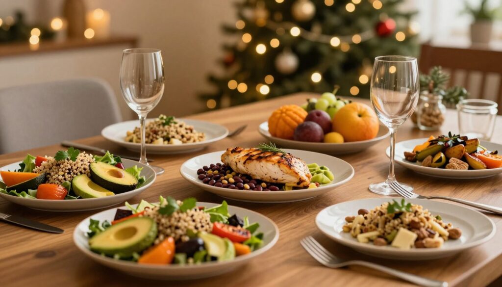 A beautifully arranged table setting for a festive Christmas meal, focusing on healthy ingredient substitutes. In the foreground, vibrant plates filled with colorful salads featuring quinoa, avocados, and roasted vegetables, garnished with fresh herbs. In the middle ground, elegantly presented main courses with lean proteins like grilled chicken breast and legumes, surrounded by seasonal fruits and nuts for texture. The background shows a softly lit dining room with twinkling fairy lights and a decorated Christmas tree, enhancing the warm and inviting atmosphere. The scene is captured with a warm, golden lighting to evoke a cozy holiday mood, using a shallow depth of field to keep the focus on the dishes.