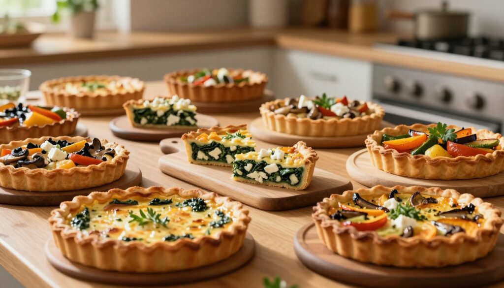 A beautifully arranged tabletop featuring a variety of savory tarts and quiches made with flaky puff pastry, highlighting rich fillings such as spinach and feta, mushroom and cheese, and roasted vegetable combinations. The foreground includes a freshly baked quiche with a golden-brown crust, garnished with herbs. In the middle ground, rustic wooden serving boards elegantly display slices of tarts, emphasizing their textures and colors. The background is softly blurred, with a warm kitchen ambiance, featuring blurred greenery and baking tools, suggesting a comfortable cooking environment. Use warm, natural lighting to create an inviting mood, simulating a late afternoon kitchen scene. The angle should be a slightly elevated view to capture the variety and detail of the dishes without any distractions.