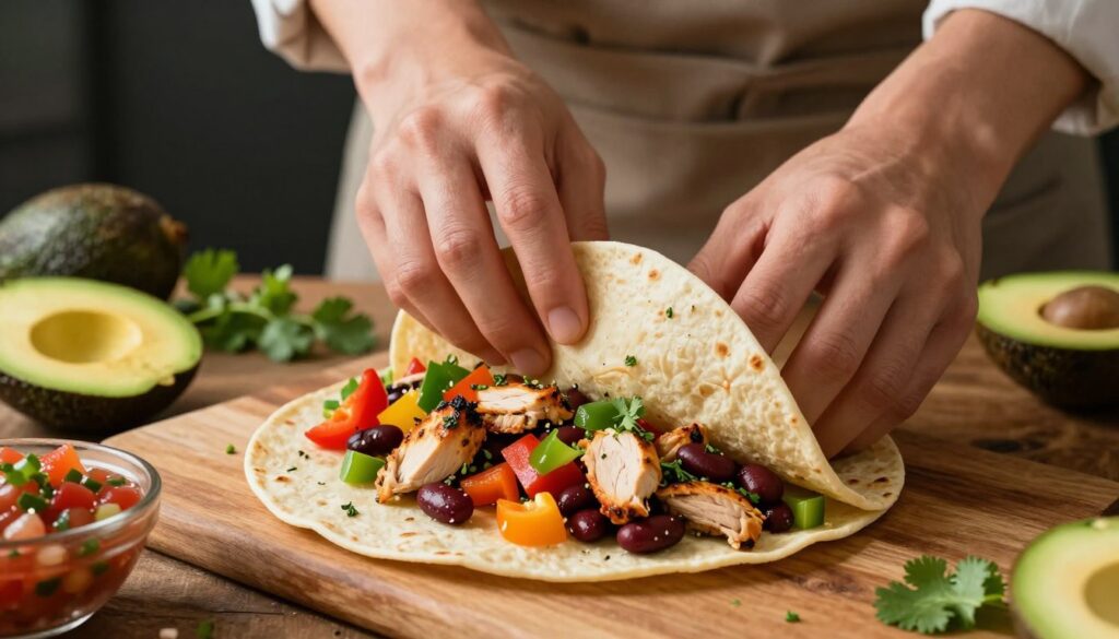 A beautifully arranged tortilla filled with vibrant and fresh farsz ingredients, prominently displayed in the foreground. The filling showcases a colorful mix of diced bell peppers, grilled chicken, beans, and aromatic herbs, creating an inviting visual appeal. In the middle, a pair of hands expertly folding the tortilla to demonstrate the rolling technique, wearing modest, professional attire. The background features a rustic wooden table with additional ingredient elements like avocado slices, a bowl of salsa, and fresh cilantro sprigs, softly blurred to maintain focus on the foreground action. The lighting is warm and inviting, mimicking natural sunlight, enhancing the textures and colors of the ingredients. The overall atmosphere is one of creativity, warmth, and culinary inspiration, enticing the viewer to explore the art of tortilla wrapping.