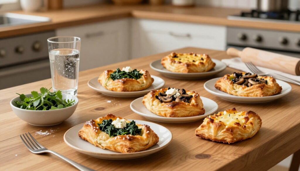 A beautifully arranged wooden dining table featuring freshly baked puff pastry dishes, evoking a cozy, inviting atmosphere. In the foreground, showcase an assortment of golden-brown pastries filled with savory ingredients like spinach and feta, mushrooms, and cheese, artfully placed on rustic white plates. To the side, a small bowl of vibrant green herbs and a glass of chilled sparkling water add a refreshing touch. In the middle ground, a soft focus captures the warmth of the kitchen, with hints of rolling pins and flour scattered on a wooden countertop. The lighting is warm and natural, creating a homey feel, with soft shadows enhancing the textures of the pastries. Capture the scene from a high angle to emphasize the spread of delicious puff pastry creations perfect for a quick dinner.