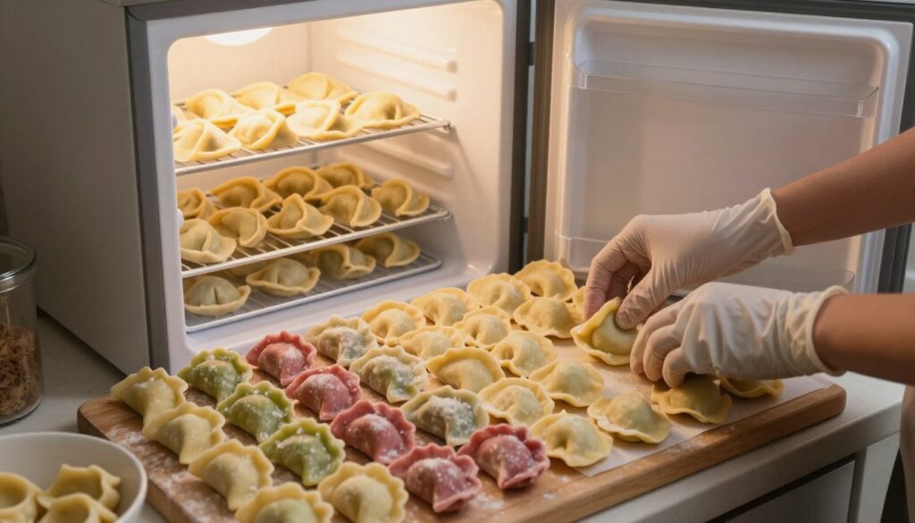 A beautifully composed kitchen scene showcasing the process of freezing boiled pierogi. In the foreground, a wooden cutting board holds a neatly arranged batch of pierogi, showcasing their unique shapes and colors. A pair of hands, wearing modest kitchen gloves, gently place the pierogi onto a parchment-lined tray, emphasizing care in handling. In the middle background, a well-lit freezer can be seen with its door slightly ajar, revealing a few trays of frozen pierogi stacked within. The warm light from the kitchen casts a cozy atmosphere, highlighting the textures of the pierogi and the kitchen surroundings. The angle is slightly overhead, capturing the full layout of the workspace while maintaining focus on the detailed action of freezing already cooked pierogi.