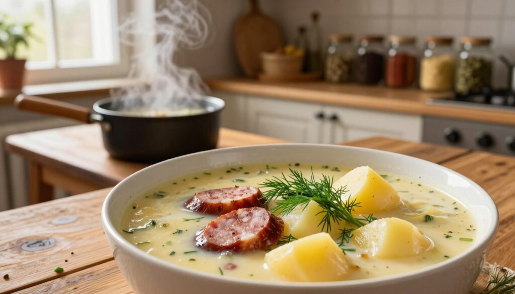 A beautifully crafted bowl of traditional Polish żurek soup occupies the foreground, rich with a creamy, pale yellow broth adorned with slices of smoked sausage, a sprinkle of fresh dill, and chunks of hearty potatoes. In the middle ground, a rustic wooden table features a small pot simmering gently, releasing wisps of steam that shimmer in the warm, soft lighting. The background showcases a cozy kitchen setting with wooden shelves lined with spices and herbal jars, creating an inviting atmosphere. The light comes from a nearby window, casting a warm glow that enhances the homely feel. The overall mood is one of comfort and culinary artistry, capturing the essence of a deep, aromatic flavor journey.