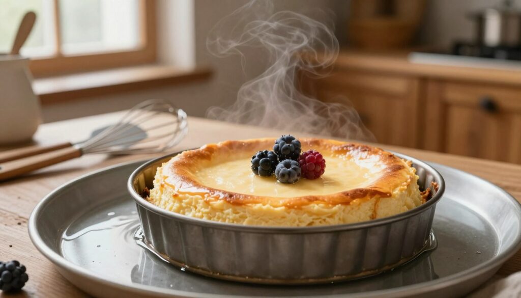 A beautifully crafted cheesecake placed delicately in a rustic kitchen setting. In the foreground, the cheesecake is in a round springform pan sitting in a shallow water bath, surrounded by steam rising gently from the hot water, enhancing the warmth of the scene. The cheesecake has a golden-brown top, perfectly smooth and creamy, with a few berries elegantly arranged on top. In the middle ground, a soft focus reveals kitchen tools like a spatula and a whisk, suggesting an atmosphere of baking preparation. The background features wooden cabinetry and soft natural light filtering through a window, creating a warm and inviting ambiance. The overall mood is cozy and comforting, illustrating the importance of using a water bath for achieving a velvety texture in cheesecake.