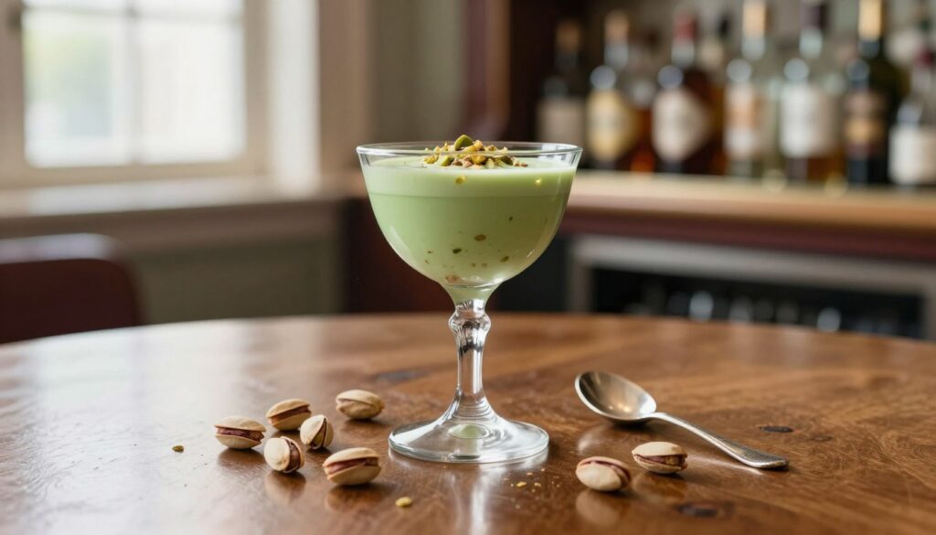 A beautifully crafted glass of green pistachio liqueur sits elegantly on a polished wooden table, reflecting soft natural light from a window nearby. The liqueur has a creamy, velvety texture with hints of crushed pistachios visible inside, creating an inviting look. Surrounding the glass are delicate pistachio nuts scattered artfully, along with a small silver spoon beside it, emphasizing its dessert-like quality. In the background, a faintly blurred vintage bar shelf adorned with various elegant glass bottles adds a touch of sophistication. The atmosphere is warm and inviting, evoking a sense of indulgence and relaxation. Capture this scene with a shallow depth of field to emphasize the liqueur and its rich color, ensuring a soft bokeh effect in the background. A beautifully crafted glass of green pistachio liqueur sits elegantly on a polished wooden table, reflecting soft natural light from a window nearby. The liqueur has a creamy, velvety texture with hints of crushed pistachios visible inside, creating an inviting look. Surrounding the glass are delicate pistachio nuts scattered artfully, along with a small silver spoon beside it, emphasizing its dessert-like quality. In the background, a faintly blurred vintage bar shelf adorned with various elegant glass bottles adds a touch of sophistication. The atmosphere is warm and inviting, evoking a sense of indulgence and relaxation. Capture this scene with a shallow depth of field to emphasize the liqueur and its rich color, ensuring a soft bokeh effect in the background.