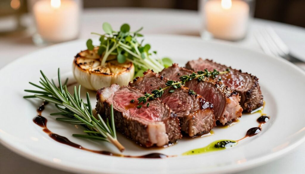 A beautifully plated dish of beef, showcasing tender, juicy steak sliced against the grain, glistening with a herb-infused oil. The foreground features vibrant green herbs, such as rosemary and thyme, artfully arranged beside the beef, while a drizzle of balsamic reduction adds depth and richness. In the middle ground, a garnish of microgreens and roasted garlic cloves complements the dish, enhancing its elegance. The background subtly blurs, representing a refined dining setting adorned with soft candlelight, hinting at an intimate atmosphere. The image is captured with warm, natural lighting, emphasizing the rich textures and colors of the dish, evoking a sense of gourmet elegance perfect for modern meat dishes. A beautifully plated dish of beef, showcasing tender, juicy steak sliced against the grain, glistening with a herb-infused oil. The foreground features vibrant green herbs, such as rosemary and thyme, artfully arranged beside the beef, while a drizzle of balsamic reduction adds depth and richness. In the middle ground, a garnish of microgreens and roasted garlic cloves complements the dish, enhancing its elegance. The background subtly blurs, representing a refined dining setting adorned with soft candlelight, hinting at an intimate atmosphere. The image is captured with warm, natural lighting, emphasizing the rich textures and colors of the dish, evoking a sense of gourmet elegance perfect for modern meat dishes.