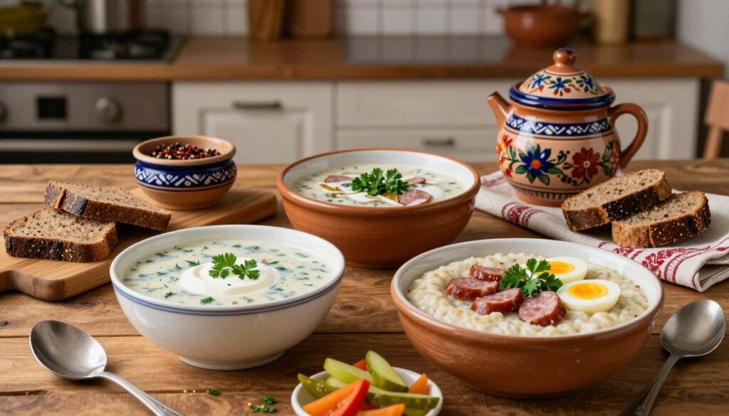 A beautifully plated spread showcasing regional variations of żurek and barszcz biały. In the foreground, a rustic wooden table features two bowls: one filled with creamy white borscht, garnished with fresh herbs and a dollop of sour cream, the other containing thick żurek with sausage slices, egg halves, and sprinkle of parsley. Accompanying them are unique, colorful garnishes like pickled vegetables and rye bread on a wooden board. The middle layer includes decorative regional pottery holding traditional seasonings and a rustic cloth napkin. In the background, a warm, cozy kitchen setting with soft, ambient lighting creates a welcoming atmosphere. Capture the essence of Polish culinary tradition with a focus on detail and warmth, inviting viewers to explore the diverse flavors of these soups.