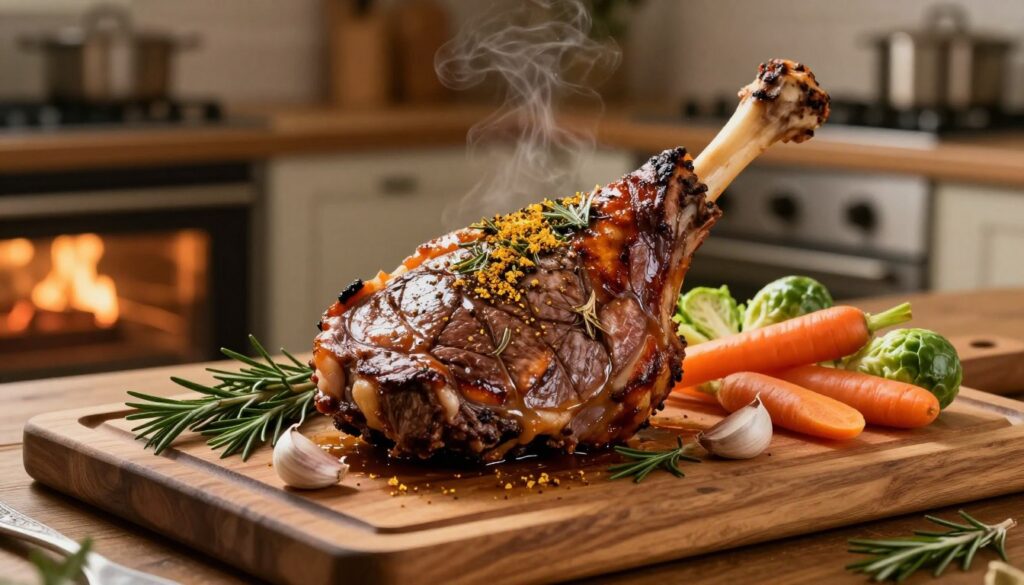 A beautifully roasted venison leg displayed on an elegant wooden cutting board. The venison is glistening with golden-brown herbs and spices, emitting a warm and inviting aroma. Surrounding the meat are fresh rosemary sprigs, garlic cloves, and colorful seasonal vegetables like carrots and Brussels sprouts, adding a touch of vibrancy to the composition. In the background, a softly lit rustic kitchen with an oven gently glowing, hinting at the optimal cooking temperature and time for perfect tenderness. The scene is warmly illuminated, creating a cozy and appetizing atmosphere. The angle is slightly elevated, showcasing the rich texture of the meat and the arrangement of accompanying ingredients, inviting the viewer into the culinary experience.