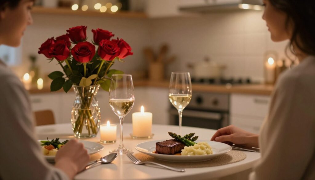 A beautifully set dining table for two, adorned with elegant candles casting a soft, warm glow. In the foreground, a fine dining setting with two sparkling wine glasses and a neatly arranged plate featuring a gourmet dish, such as seared steak with asparagus and a side of creamy mashed potatoes. The mid-ground showcases a delicate bouquet of red roses in a crystal vase, adding a touch of romance. In the background, a softly lit kitchen, hints of warm wooden shelves and twinkling fairy lights create an inviting atmosphere. The overall mood is intimate and romantic, perfect for a cozy dinner at home. Capture this scene with a warm color palette and soft focus to enhance the dreamy essence of a romantic evening.