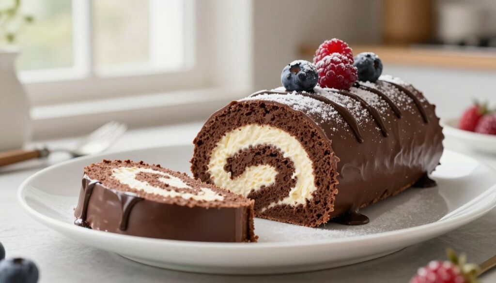 A beautifully styled chocolate roulade, elegantly rolled and filled with a fluffy cream, lying on a pristine white plate. In the foreground, the cake is sliced to reveal its rich, swirled interior, glistening with chocolate ganache dripping from the sides. Garnish the dessert with fresh berries and a dusting of powdered sugar for a touch of color and sophistication. In the middle ground, soft natural light filters through a nearby window, highlighting the textures of the chocolate and cream, creating a warm and inviting atmosphere. The background should feature a blurred kitchen setting, with subtle hints of baking tools and ingredients, to suggest a cozy home baking environment. The overall mood is delightful, inviting, and luxurious, perfect for showcasing tips to achieve the best results in dessert-making.