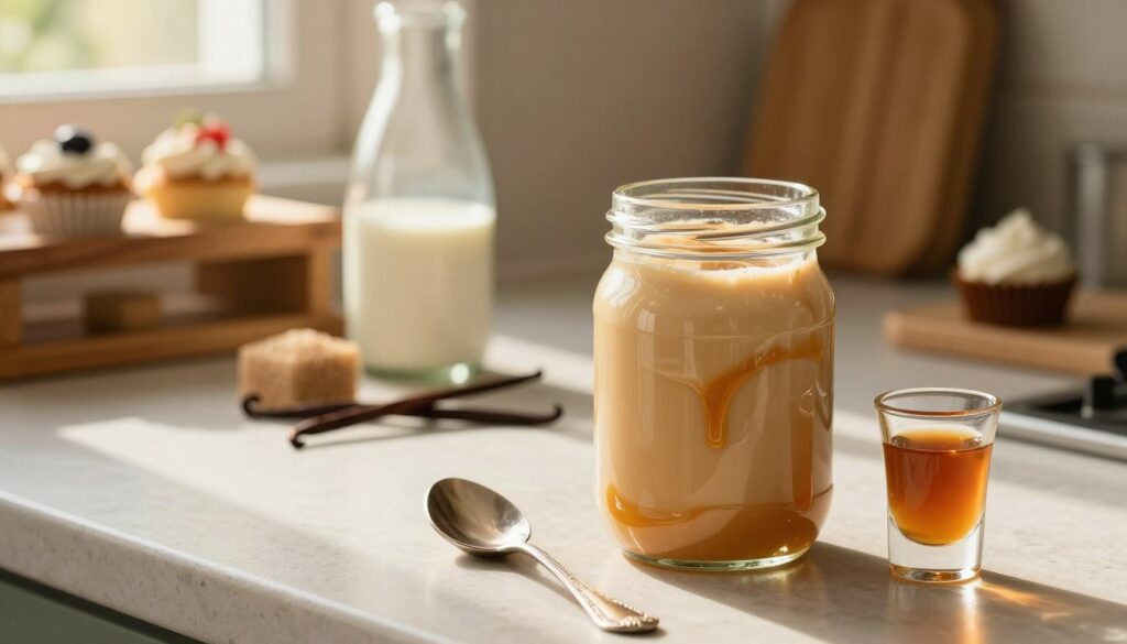 A beautifully styled kitchen counter featuring a glass jar filled with creamy "likier krówki", showcasing its rich, caramel color and smooth texture. In the foreground, place a delicate vintage spoon and a small glass shot, dripping with the sweet liqueur. In the middle, include fresh ingredients like milk, sugar, and a hint of vanilla beans, arranged artistically to suggest preparation. The background should softly blur a rustic wooden shelf adorned with dessert treats and a warm, inviting atmosphere illuminated by soft, golden sunlight pouring in through a nearby window. The mood should be cozy and indulgent, inviting viewers to imagine the delightful taste of this sweet dessert drink. Focus on capturing the intricate details of the liqueur's consistency and the overall warmth of the scene.