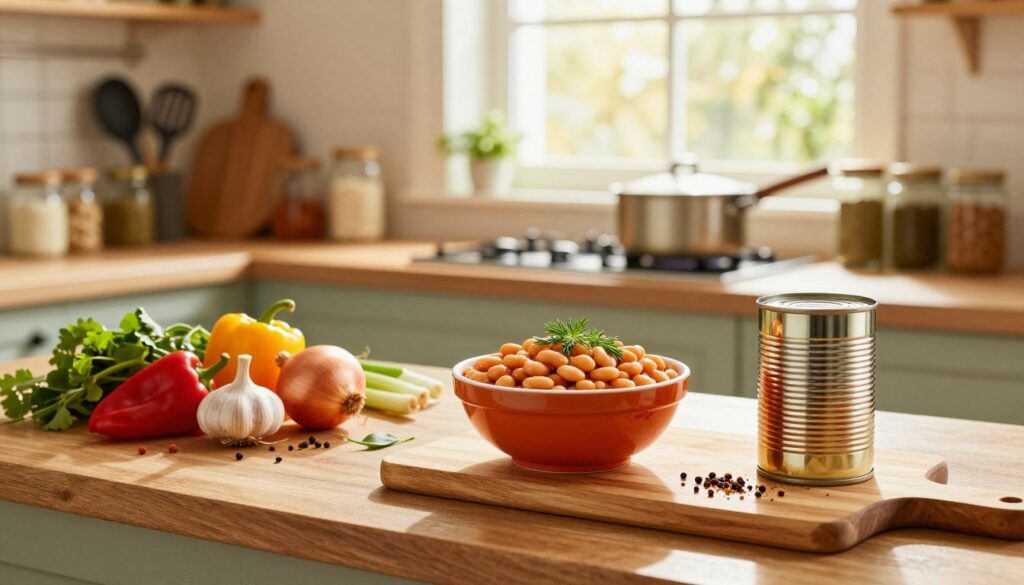 A beautifully styled kitchen countertop featuring a vibrant bowl of beans, herbs, and spices used to enhance the flavor of traditional canned beans. In the foreground, a wooden cutting board displays fresh ingredients like garlic, onions, and colorful peppers, alongside a pristine can of baked beans. The middle ground showcases a rustic kitchen setup, with pots simmering and a sunny window casting warm, golden light across the scene. In the background, soft-focus shelves filled with cooking utensils and jars of spices create a cozy atmosphere. The lighting is bright and inviting, evoking a sense of warmth and homeliness, perfect for the theme of enhancing flavor and texture in cooking.