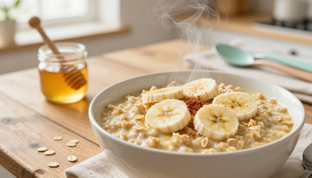 A bowl of creamy oatmeal sits at the forefront, steam gently rising, infused with a rich golden hue. The oats appear plump and smooth, garnished with fresh slices of banana and a sprinkle of cinnamon. In the middle ground, a rustic wooden table complements the earthy tones of the dish, adorned with a few scattered oats and a small jar of honey, inviting and warm. The background features a soft-focus glimpse of a bright, sunlit kitchen with pastel-colored utensils, emphasizing a cozy and welcoming atmosphere. The lighting is soft and natural, casting a warm glow over the scene, perfectly capturing the essence of a nourishing breakfast. The overall mood is inviting and comforting, reflecting a sense of tradition and wholesome goodness. A bowl of creamy oatmeal sits at the forefront, steam gently rising, infused with a rich golden hue. The oats appear plump and smooth, garnished with fresh slices of banana and a sprinkle of cinnamon. In the middle ground, a rustic wooden table complements the earthy tones of the dish, adorned with a few scattered oats and a small jar of honey, inviting and warm. The background features a soft-focus glimpse of a bright, sunlit kitchen with pastel-colored utensils, emphasizing a cozy and welcoming atmosphere. The lighting is soft and natural, casting a warm glow over the scene, perfectly capturing the essence of a nourishing breakfast. The overall mood is inviting and comforting, reflecting a sense of tradition and wholesome goodness.