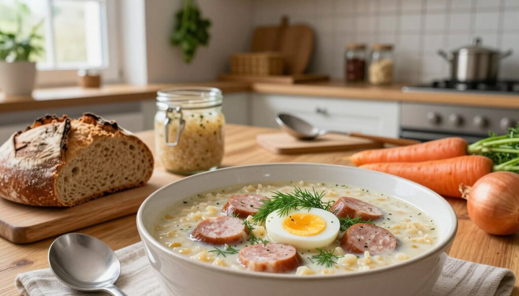 A bowl of traditional żurek, a Polish sour rye soup, sits prominently in the foreground, filled with creamy broth topped with slices of sausage, boiled egg halves, and sprinkled with fresh dill. Surrounding the bowl are key ingredients: a rustic loaf of sourdough bread, a jar of fermented rye starter, and vibrant vegetables like carrots and onions. The middle ground features a wooden table adorned with kitchen utensils, such as a ladle and cutting board. In the background, a softly lit kitchen exudes warmth, showcasing herbs hanging from strings and jars of spices, enhancing the homey atmosphere. Soft, natural light filters through a nearby window, creating an inviting and aromatic ambiance, perfect for illustrating the essential components of a home-cooked żurek.