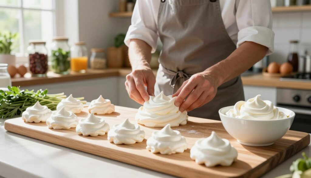A bright kitchen scene focused on the creative use of egg whites. In the foreground, a wooden cutting board displays an assortment of beautifully crafted dishes made with egg whites, such as fluffy meringues, a delicate soufflé, and a bowl of light and airy whipped egg whites. In the middle ground, a chef in a stylish apron is skillfully preparing a dish, emphasizing a sense of purpose and passion for minimization of food waste. In the background, shelves are filled with jars of fresh ingredients, herbs, and spices, suggesting a vibrant workspace. Soft, natural light streams in from a window, casting gentle shadows and creating a warm, inviting atmosphere. The overall mood is inspiring and optimistic, highlighting resourcefulness in cooking. A bright kitchen scene focused on the creative use of egg whites. In the foreground, a wooden cutting board displays an assortment of beautifully crafted dishes made with egg whites, such as fluffy meringues, a delicate soufflé, and a bowl of light and airy whipped egg whites. In the middle ground, a chef in a stylish apron is skillfully preparing a dish, emphasizing a sense of purpose and passion for minimization of food waste. In the background, shelves are filled with jars of fresh ingredients, herbs, and spices, suggesting a vibrant workspace. Soft, natural light streams in from a window, casting gentle shadows and creating a warm, inviting atmosphere. The overall mood is inspiring and optimistic, highlighting resourcefulness in cooking.
