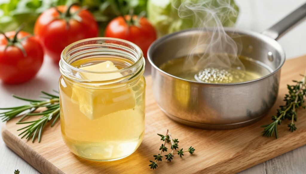 A bright, well-lit kitchen scene showcasing a glass jar of clarified butter (masło klarowane) prominently placed in the foreground on a wooden cutting board. Next to the jar is a small saucepan with melted clarified butter, gently bubbling, emitting a slight steam, illustrating its high smoke point. Surrounding the jar and saucepan are fresh herbs like rosemary and thyme, adding a touch of green. In the background, a colorful array of vegetables is beautifully arranged, hinting at culinary creativity. The lighting is warm and inviting, highlighting the golden hue of the clarified butter. The angle is slightly overhead, capturing the essence of cooking and the applications of clarified butter in the kitchen, evoking a sense of healthy, delicious food preparation.